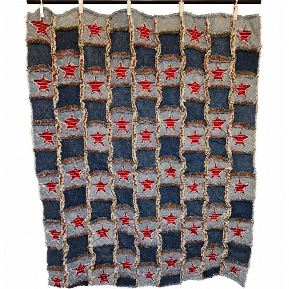 Americana Denim Patchwork Quilt Handmade With Stars 54”x43